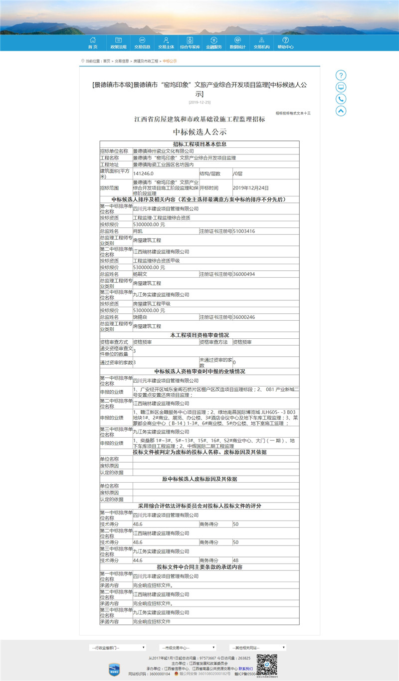 景德鎮(zhèn)市“窯塢印象”文旅產(chǎn)業(yè)綜合開發(fā)項目監(jiān)理[中標候選人公示]